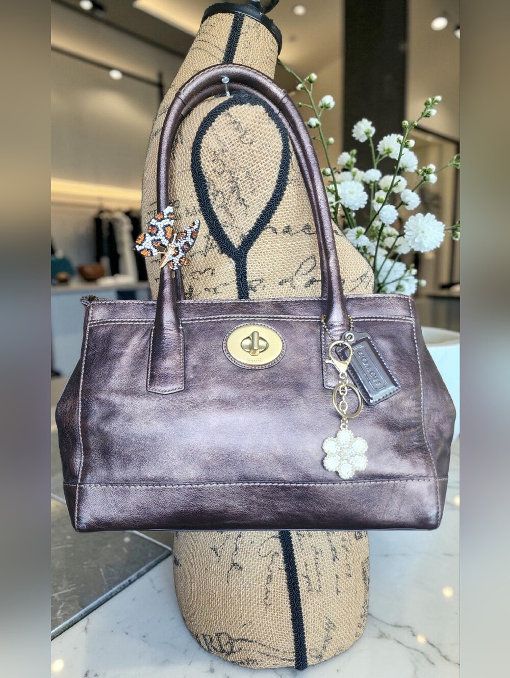 Coach Madeline Multi-Pocket Metallic Bronze Leather Satchel with Gold Hardware - Picture 5 of 16